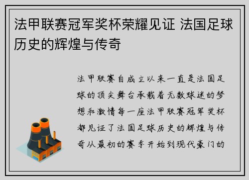 法甲联赛冠军奖杯荣耀见证 法国足球历史的辉煌与传奇