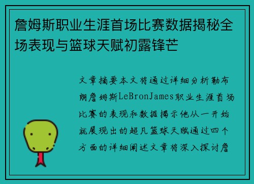 詹姆斯职业生涯首场比赛数据揭秘全场表现与篮球天赋初露锋芒